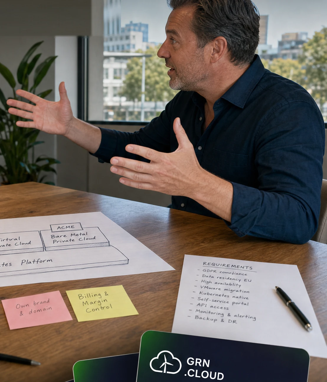 GRN.CLOUD founder Sam Terburg sketching a platform blueprint: Kubernetes Platform base with Public Cloud, Virtual Private Cloud and Bare Metal Private Cloud, and an ACME customer box on top